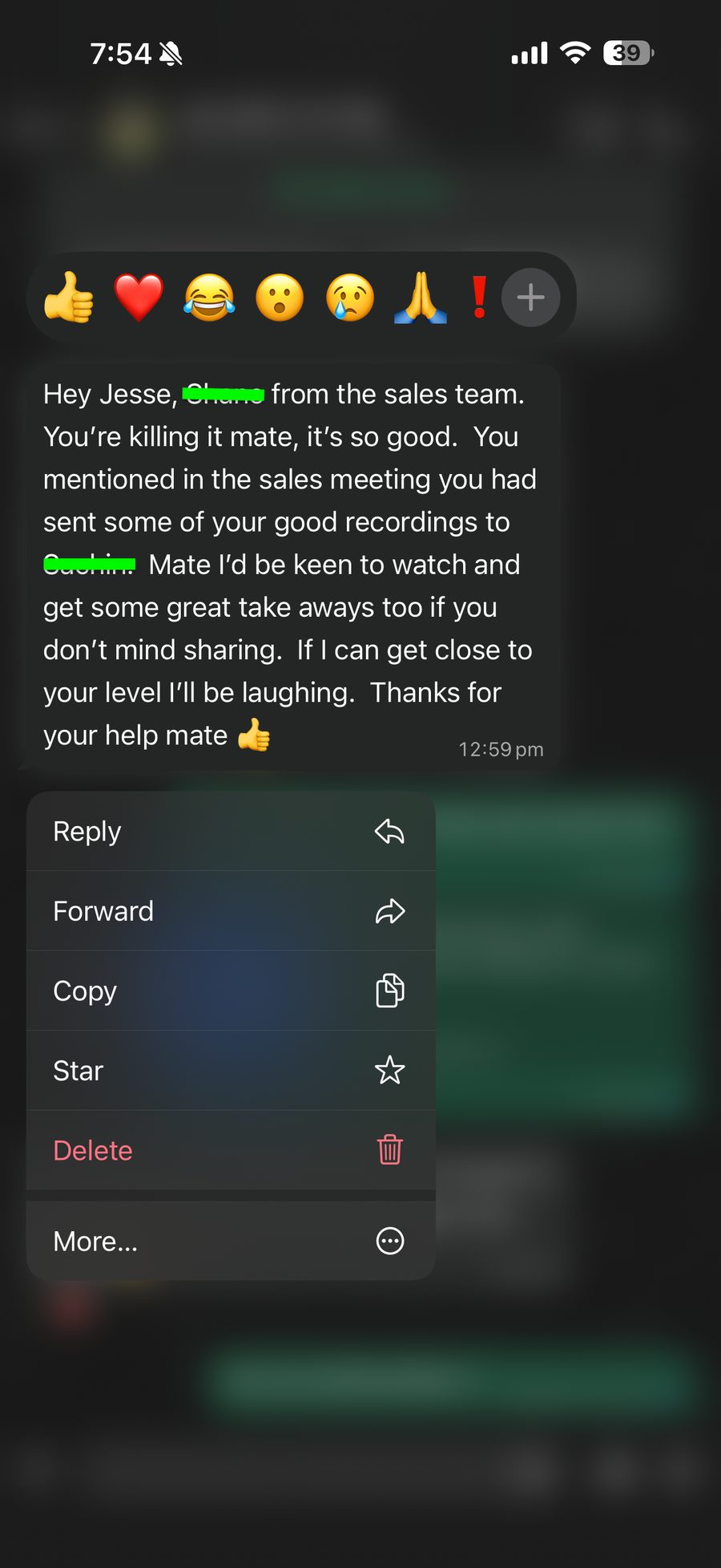 Peer message — 'killing it mate, keen to watch your recordings'
