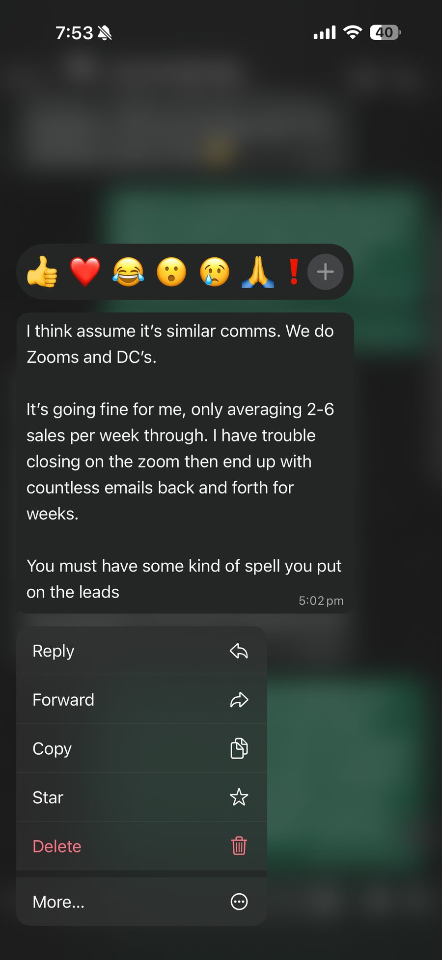 Peer message — 'your awesome at what you do and it's inspiring'