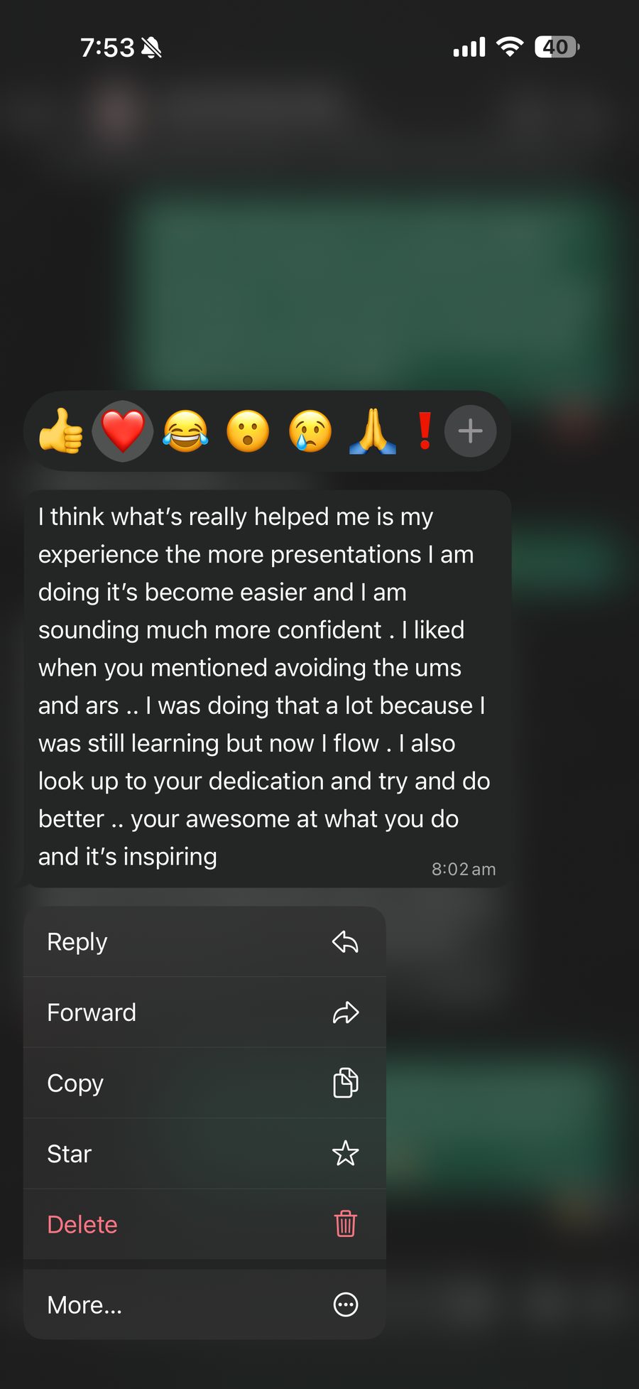 Peer message — feedback on presentation, asking for recent ones to watch